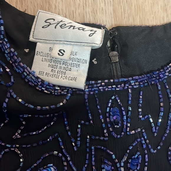 Stunning Vintage 80s 90s Beaded 100% Silk Long Sleeve Blouse Black Blue Small - Picture 6 of 8